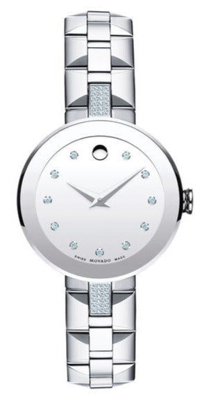 Movado Sapphire Diamonds Silver Dial Silver Steel Strap Watch For Women - 606814 Authentic Buy Shop Now