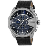 Diesel Mega Chief Chronograph Blue Dial Black Leather Strap Watch For Men - DZ4423 Authentic Buy Shop Now