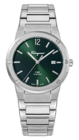 Salvatore Ferragamo F-80 Classic Green Dial Silver Steel Strap Watch for Men - SFDT02123 Authentic Buy Shop Now