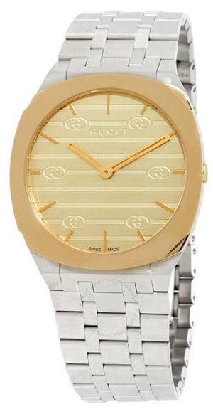 Gucci 25H Quartz Gold Dial Silver Steel Strap Watch for Women - YA163403 Authentic Buy Shop Now