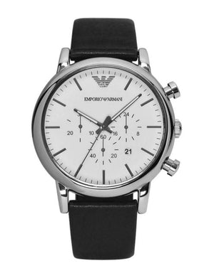 Emporio Armani Classic Quartz Chronograph White Dial Black Leather Strap Watch For Men - AR1807 Authentic Buy Shop Now