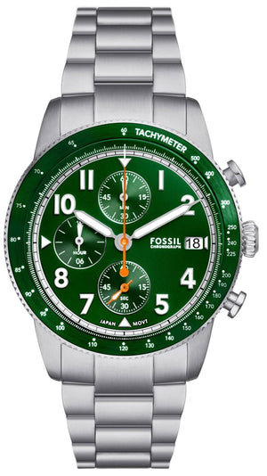 Fossil Sport Tourer Chronograph Green Dial Silver Steel Strap Watch for Men - FS6048 Authentic Buy Shop Now