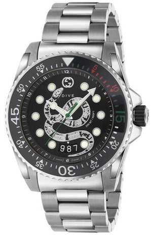 Gucci Dive Snake Black Dial Silver Steel Strap Watch For Men - YA136218 Authentic Buy Shop Now
