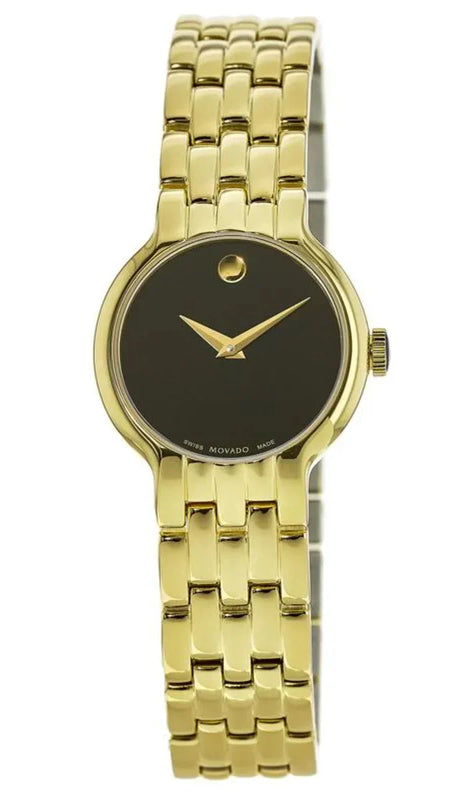 Movado Veturi Black Dial Gold Steel Strap Watch for Women - 0606935 Authentic Buy Shop Now
