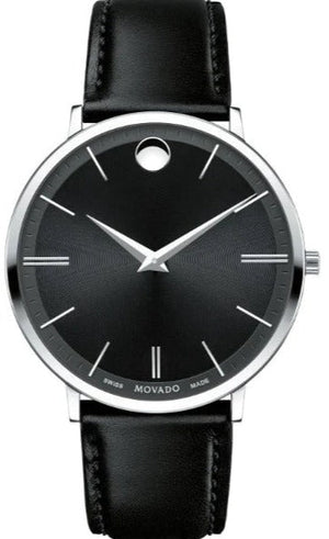 Movado Ultra Slim Black Dial Black Leather Strap Watch For Men - 0607086 Authentic Buy Shop Now