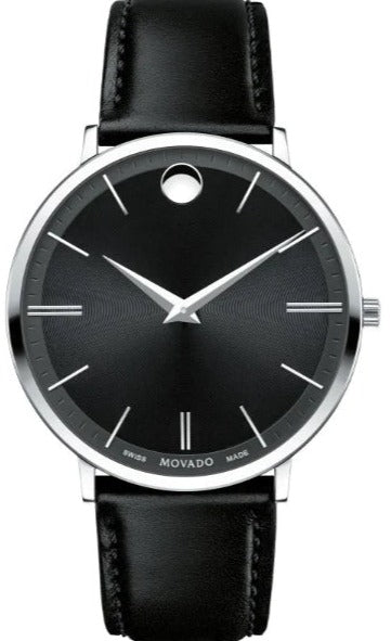 Movado Ultra Slim Black Dial Black Leather Strap Watch For Men - 0607086 Authentic Buy Shop Now