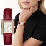 Michael Kors Emery Quartz Diamonds Silver Dial Red Leather Strap Watch For Women - MK4689 Authentic Buy Shop Now
