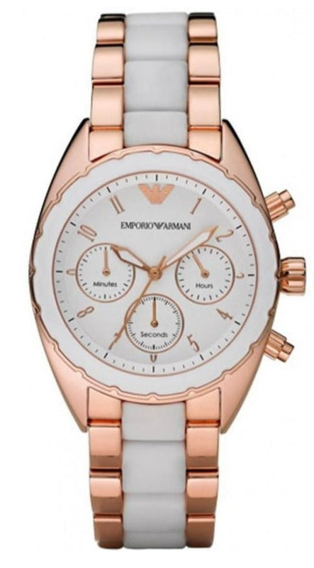 Emporio Armani Sportivo White Dial Rose Gold & White Steel Strap Watch For Women - AR5942 Authentic Buy Shop Now