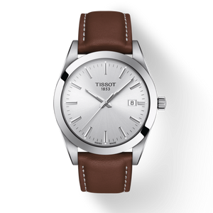 Tissot Gentleman Silver Dial Brown Leather Strap Watch For Men - T127.410.16.031.00 Authentic Buy Shop Now