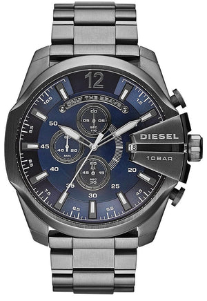 Diesel Mega Chief Chronograph Blue Dial Black Steel Strap Watch For Men - DZ4329 Authentic Buy Shop Now