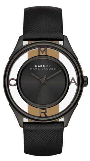 Marc Jacobs Tether Transparent Black Dial Black Leather Strap Watch for Women - MBM1379 Authentic Buy Shop Now