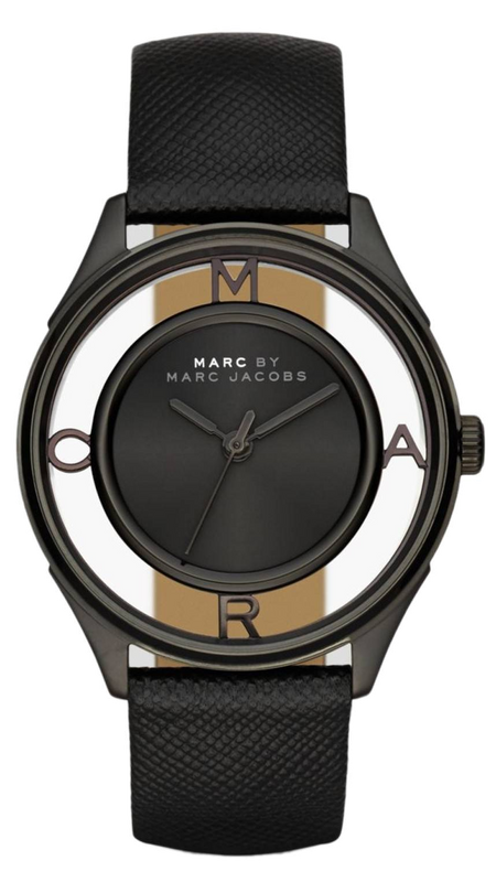Marc Jacobs Tether Transparent Black Dial Black Leather Strap Watch for Women - MBM1379 Authentic Buy Shop Now