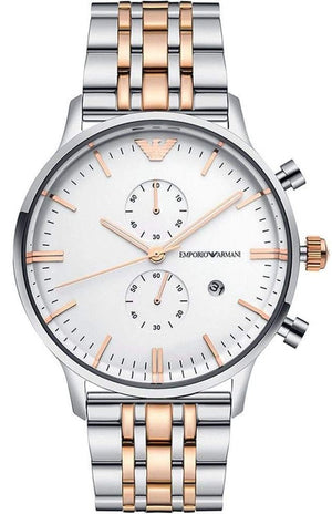 Emporio Armani Chronograph White Dial Two Tone Steel Strap Watch For Men - AR0399 Authentic Buy Shop Now