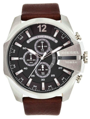 Diesel Mega Chief Chronograph Black Dial Brown Leather Strap Watch For Men - DZ4290 Authentic Buy Shop Now
