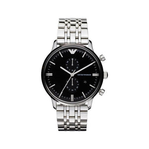 Emporio Armani Chronograph Black Dial Silver Steel Strap Watch For Men - AR0389 Authentic Buy Shop Now