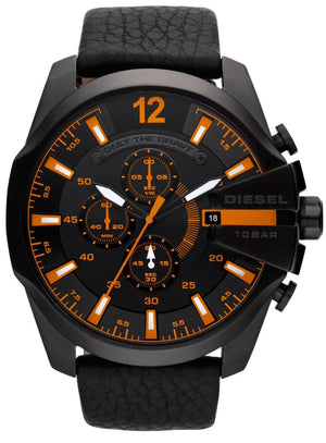Diesel Mega Chief Chronograph Black Dial Black Leather Strap Watch For Men - DZ4291 Authentic Buy Shop Now