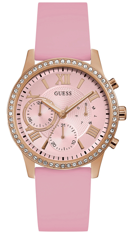 Guess Solar Rose Gold Dial Pink Rubber Strap Watch For Women - W1135L2 Authentic Buy Shop Now