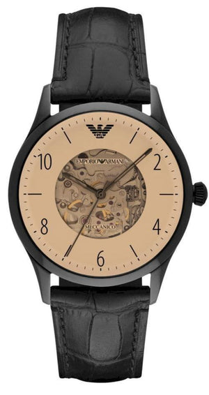 Emporio Armani Meccanico White Dial Black Leather Strap Watch For Men - AR1923 Authentic Buy Shop Now