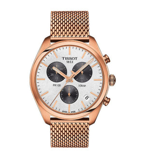 Tissot T Classic PR 100 Chronograph Silver Dial Rose Gold Mesh Bracelet Watch For Men - T101.417.33.031.01 Authentic Buy Shop Now