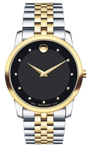 Movado Museum Classic Diamonds Black Dial Two Tone Steel Strap Watch For Men - 0606879 Authentic Buy Shop Now