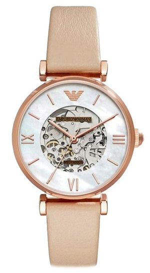 Emporio Armani Meccanico Silver Skeleton Dial Beige Leather Strap Watch For Women - AR60001 Authentic Buy Shop Now