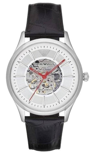 Emporio Armani Meccanico Silver Skeleton Dial Black Leather Strap Watch For Men - AR2072 Authentic Buy Shop Now