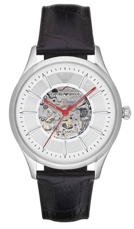 Emporio Armani Meccanico Silver Skeleton Dial Black Leather Strap Watch For Men - AR2072 Authentic Buy Shop Now
