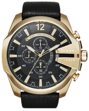 Diesel Mega Chief Chronograph Black Dial Black Leather Strap Watch For Men - DZ4344 Authentic Buy Shop Now
