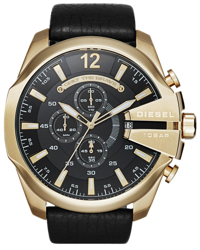 Diesel Mega Chief Chronograph Black Dial Black Leather Strap Watch For Men - DZ4344 Authentic Buy Shop Now