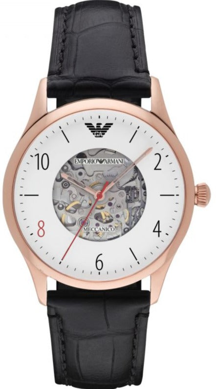 Emporio Armani Meccanico White Skeleton Dial Black Leather Strap Watch For Men - AR1924 Authentic Buy Shop Now