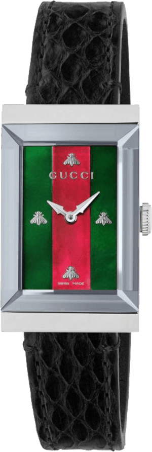 Gucci G-Frame Mother of Pearl Green & Red Dial Black Leather Strap Watch For Women - YA147403 Authentic Buy Shop Now