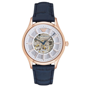Emporio Armani Meccanico Automatic White Dial Blue Leather Strap Watch For Men - AR1947 Authentic Buy Shop Now