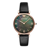 Emporio Armani Gianni T Bar Black Mother of Pearl Dial Black Leather Strap Watch For Women - AR11060 Authentic Buy Shop Now
