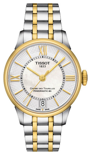 Tissot Chemin Des Tourelles Powermatic 80 Lady Mother of Pearl White Dial Two Tone Steel Strap Watch For Women - T099.207.22.118.00 Authentic Buy Shop Now