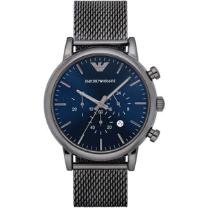 Emporio Armani Chronograph Blue Dial Gun Metallic Mesh Bracelet Watch For Men - AR1979 Authentic Buy Shop Now