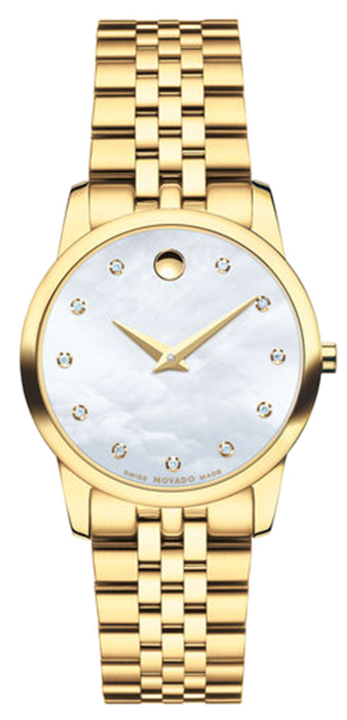 Movado Museum Classic Diamonds Mother of Pearl Dial Gold Steel Strap Watch For Women - 0606998 Authentic Buy Shop Now
