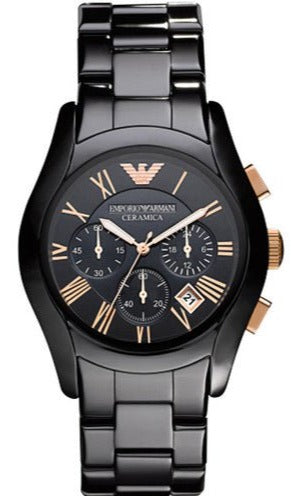 Emporio Armani Valente Ceramica Chronograph Black Dial Black Steel Strap Watch For Men - AR1410 Authentic Buy Shop Now