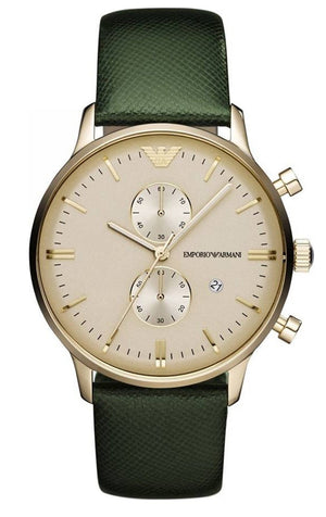 Emporio Armani Chronograph Champagne Dial Green Leather Strap Watch For Men - AR1722 Authentic Buy Shop Now