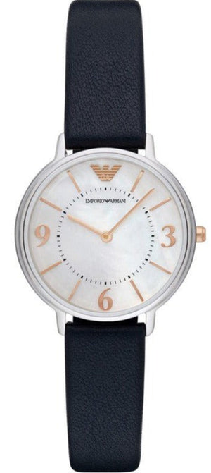 Emporio Armani Kappa White Mother of Pearl Dial Black Leather Strap Watch For Women - AR2509 Authentic Buy Shop Now