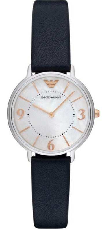 Emporio Armani Kappa White Mother of Pearl Dial Black Leather Strap Watch For Women - AR2509 Authentic Buy Shop Now