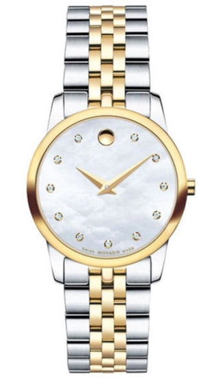 Movado Museum Classic Diamonds Mother of Pearl Dial Two Tone Steel Strap Watch For Women - 0606613 Authentic Buy Shop Now