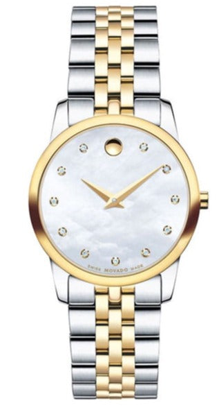 Movado Museum Classic Diamonds Mother of Pearl Dial Two Tone Steel Strap Watch For Women - 0606613 Authentic Buy Shop Now