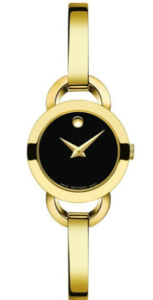 Movado Rondiro 22mm Black Dial Yellow Gold Steel Strap Watch For Women - 0606888 Authentic Buy Shop Now