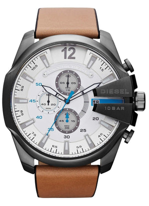Diesel Mega Chief Chronograph White Dial Brown Leather Strap Watch For Men - DZ4280 Authentic Buy Shop Now