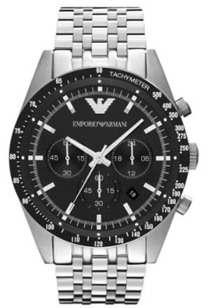 Emporio Armani Tazio Chronograph Black Dial Silver Steel Strap Watch For Men - AR5988 Authentic Buy Shop Now