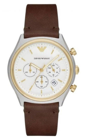 Emporio Armani Chronograph White Dial Brown Leather Strap Watch For Men - AR11033 Authentic Buy Shop Now