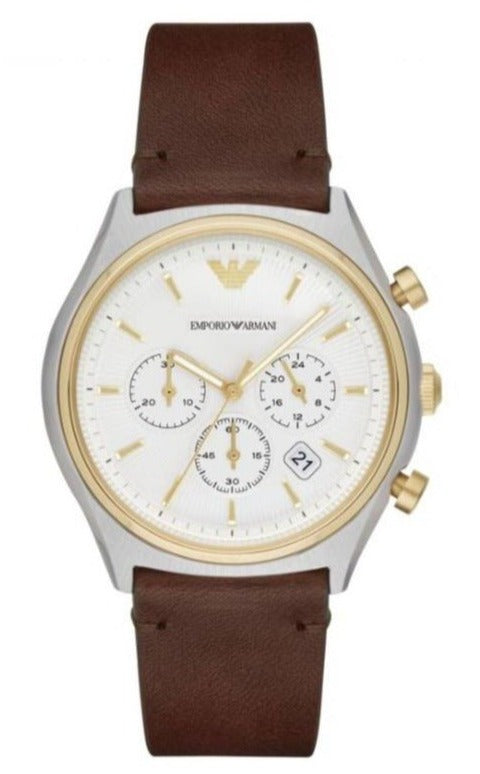 Emporio Armani Chronograph White Dial Brown Leather Strap Watch For Men - AR11033 Authentic Buy Shop Now