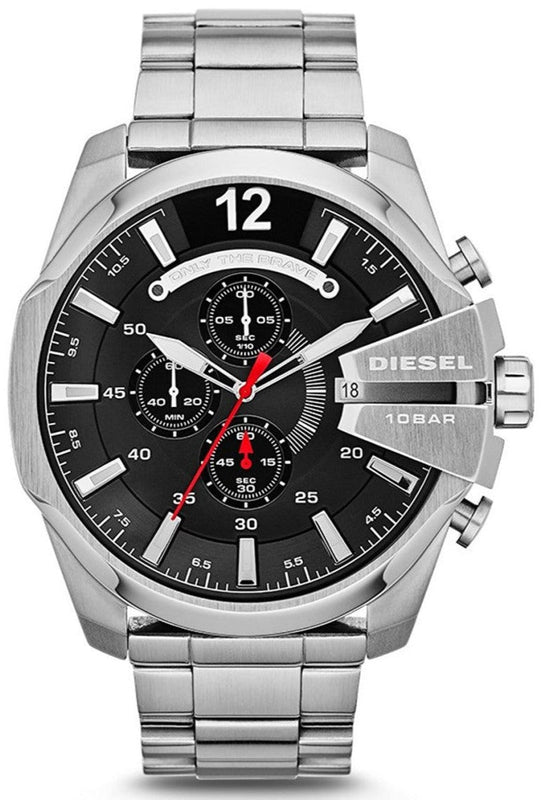 Diesel Mega Chief Chronograph Black Dial Silver Steel Strap Watch For Men - DZ4308 Authentic Buy Shop Now
