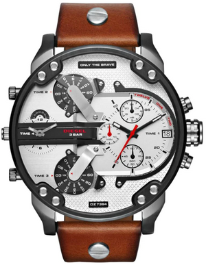 Diesel Mr. Daddy 2.0 Chronograph Silver Dial Brown Leather Strap Watch For Men - DZ7394 Authentic Buy Shop Now