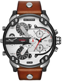 Diesel Mr. Daddy 2.0 Chronograph Silver Dial Brown Leather Strap Watch For Men - DZ7394 Authentic Buy Shop Now